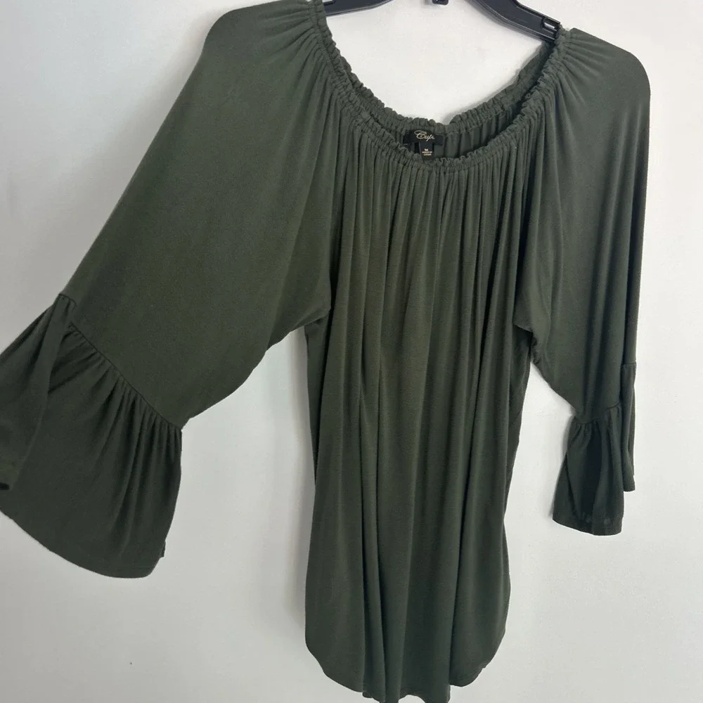 Cupio‎ Olive Green Chiffon Pleated Blouse Long Balloon Sleeves Size M Boho